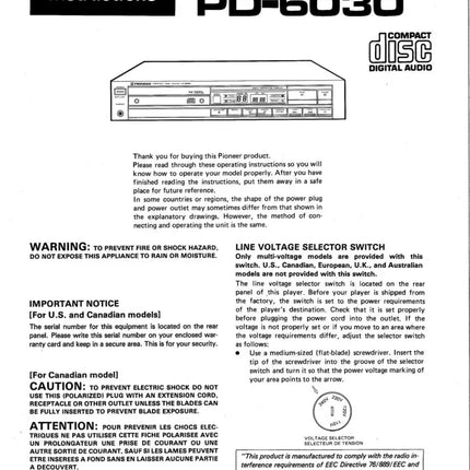 Pioneer PD-6030 CD Player Owners Manual