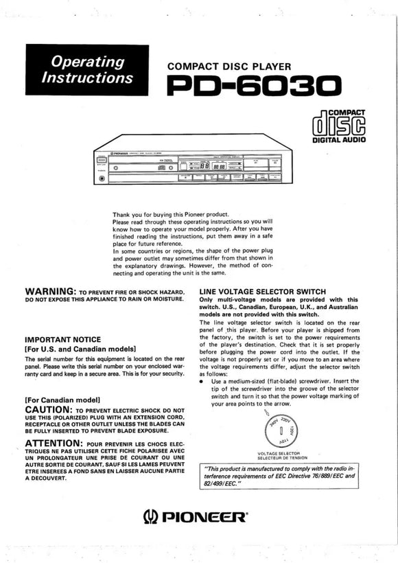 Pioneer PD-6030 CD Player Owners Manual