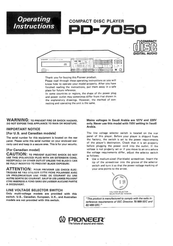 Pioneer PD-7050 CD Player Owners Manual