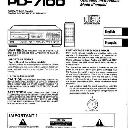Pioneer PD-7100 CD Player Owners Manual
