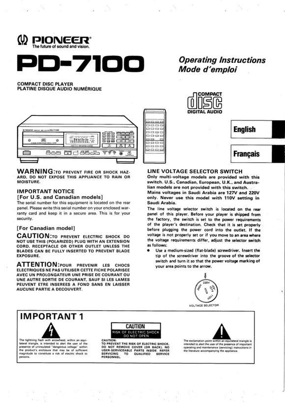 Pioneer PD-7100 CD Player Owners Manual