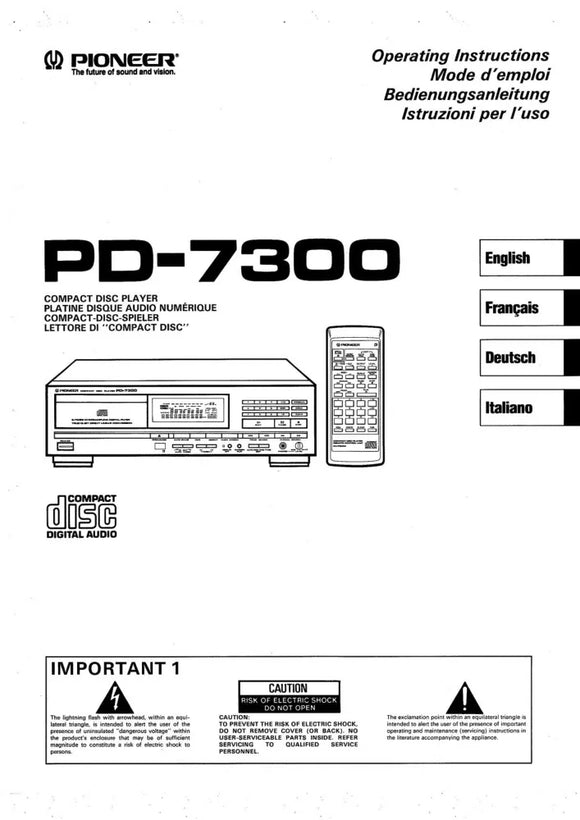 Pioneer PD-7300 CD Player Owners Manual