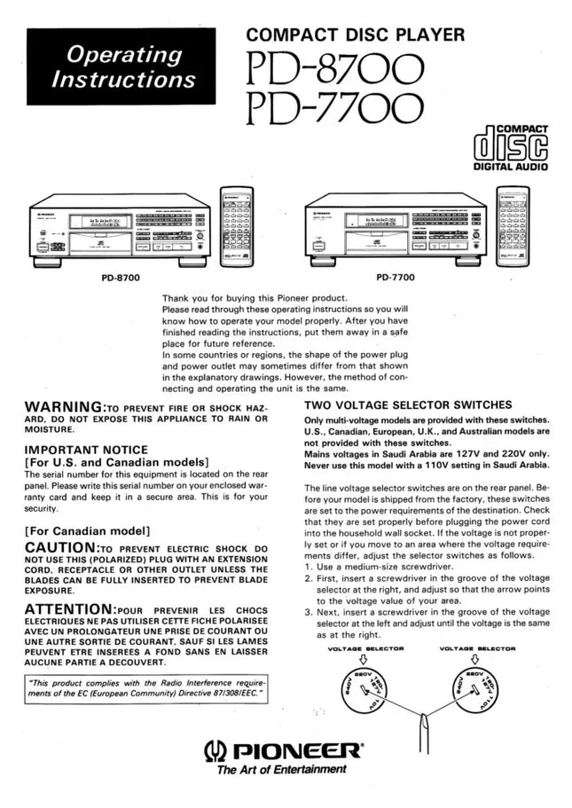 Pioneer PD-7700 CD Player Owners Manual