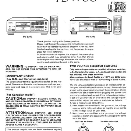 Pioneer PD-8700 CD Player Owners Manual