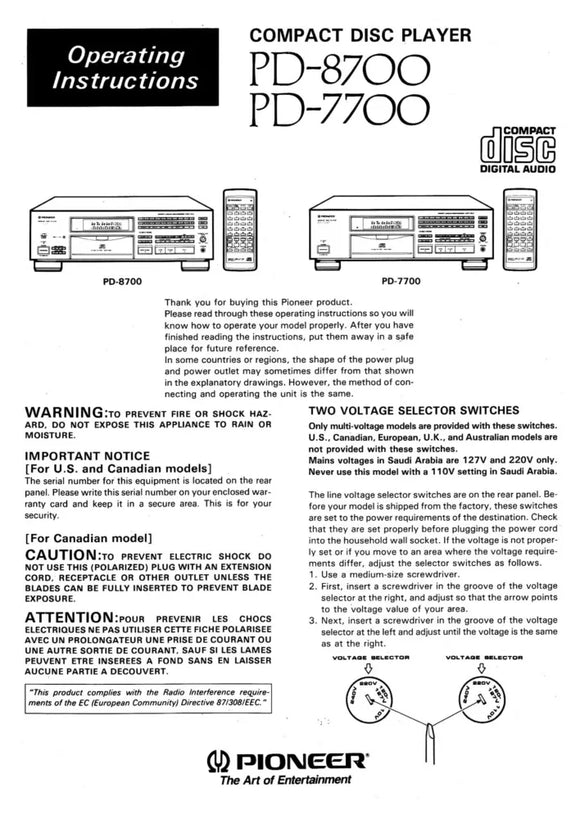 Pioneer PD-8700 CD Player Owners Manual