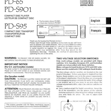 Pioneer PD-S65 CD Player Owners Manual