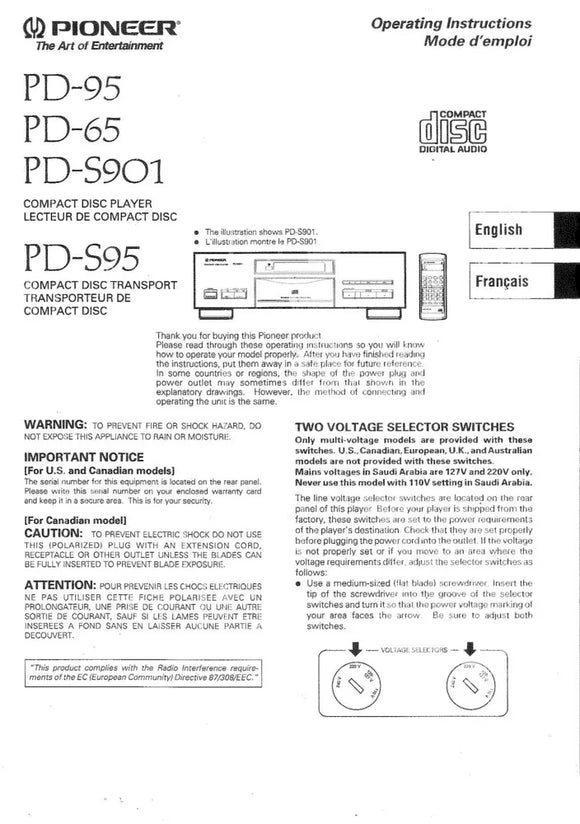 Pioneer PD-S95 CD Player Owners Manual