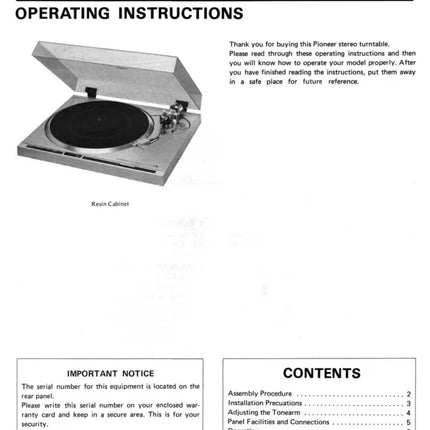 Pioneer PL-200 Turntable Owners Manual