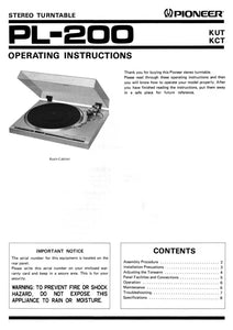 Pioneer PL-200 Turntable Owners Manual