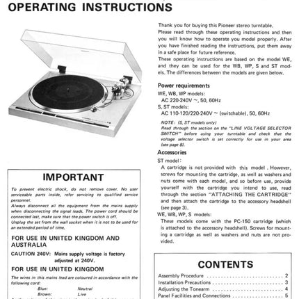 Pioneer PL-300 Turntable Owners Manual