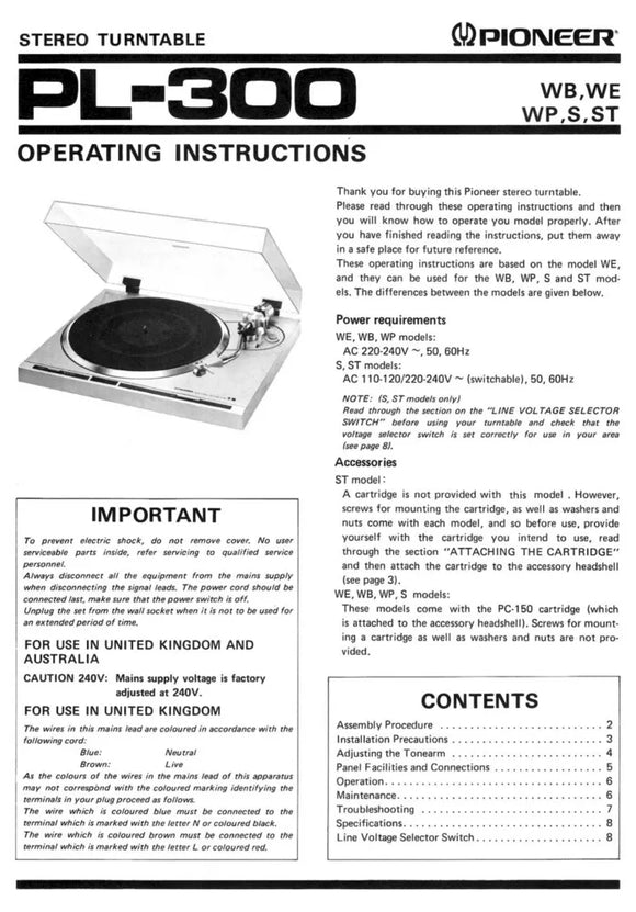 Pioneer PL-300 Turntable Owners Manual