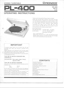 Pioneer PL-400 Turntable Owners Manual