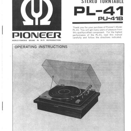 Pioneer PL-41 Turntable Owners Manual