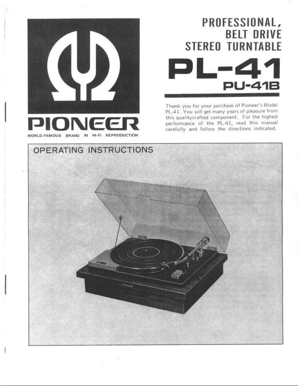 Pioneer PL-41 Turntable Owners Manual