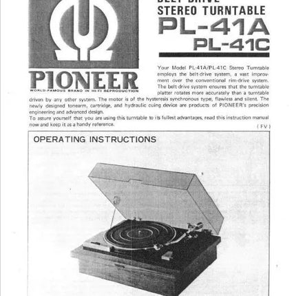 Pioneer PL-41A Turntable Owners Manual