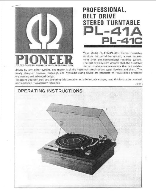 Pioneer PL-41A Turntable Owners Manual