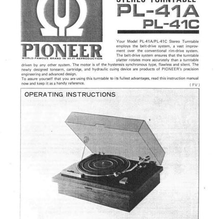Pioneer PL-41C Turntable Owners Manual