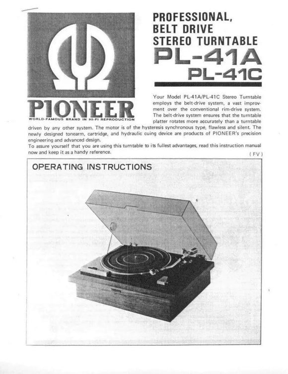 Pioneer PL-41C Turntable Owners Manual