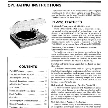 Pioneer PL-520 Turntable Owners Manual