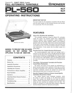 Pioneer PL-560 Turntable Owners Manual