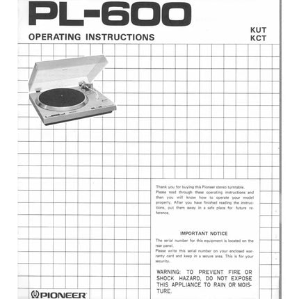 Pioneer PL-600 Turntable Owners Manual