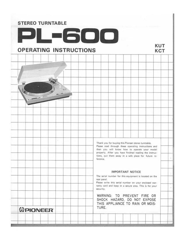 Pioneer PL-600 Turntable Owners Manual