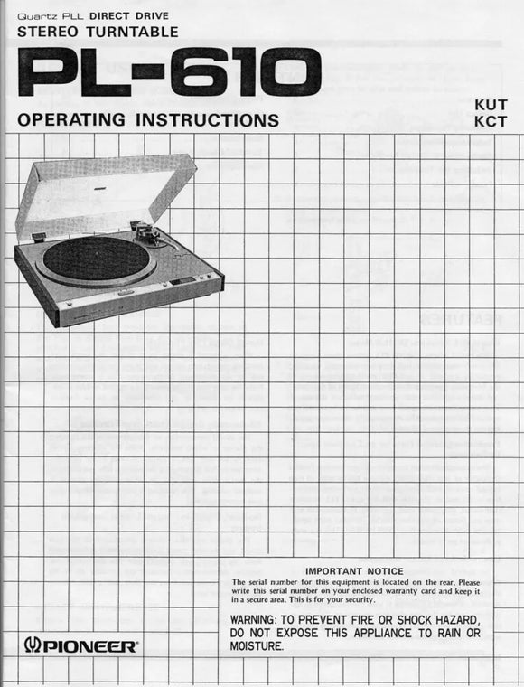 Pioneer PL-610 Turntable Owners Manual