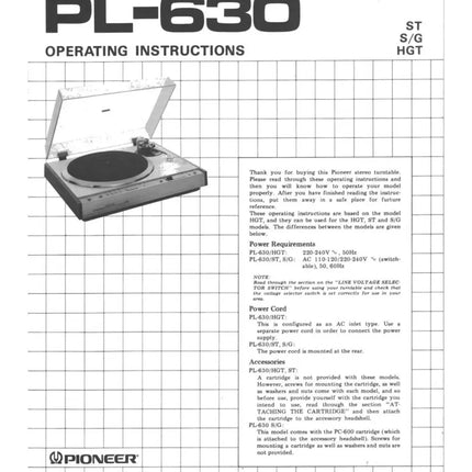 Pioneer PL-630 Turntable Owners Manual