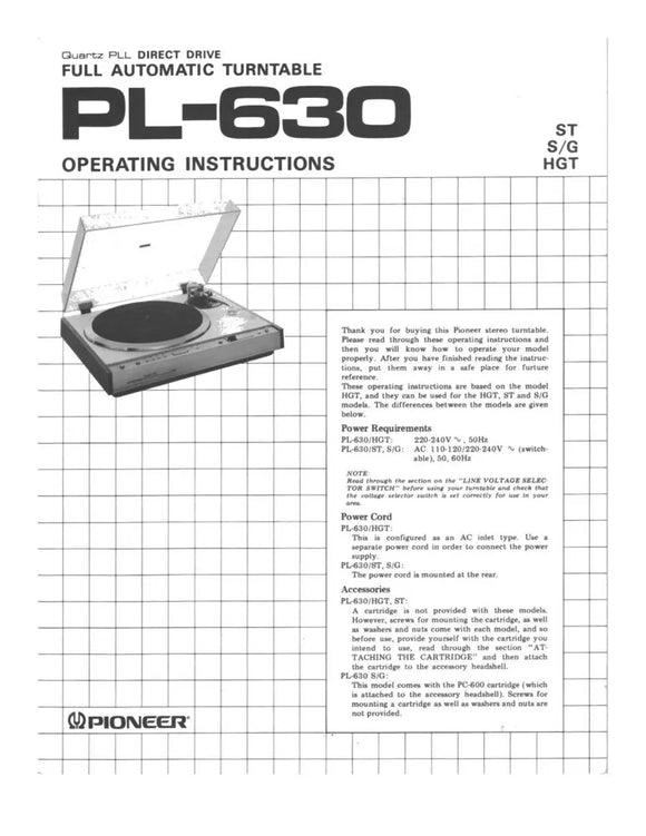 Pioneer PL-630 Turntable Owners Manual