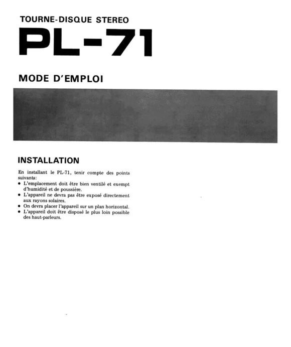 Pioneer PL-71 Turntable Owners Manual