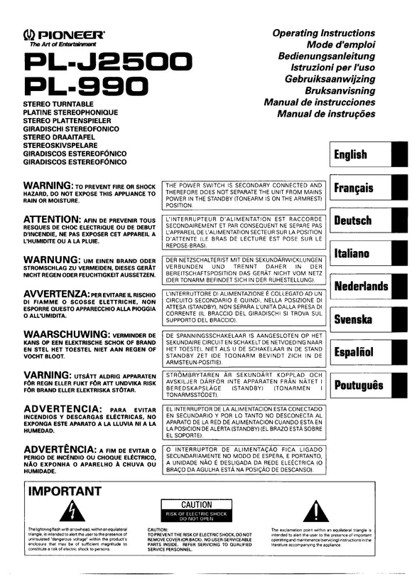 Pioneer PL-990 Turntable Owners Manual