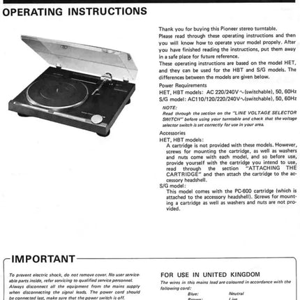 Pioneer PL-L1000 Turntable Owners Manual