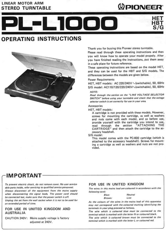 Pioneer PL-L1000 Turntable Owners Manual