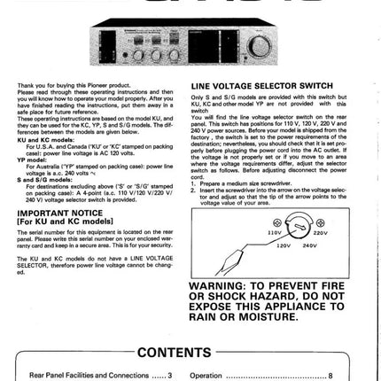 Pioneer SA-1040 Amplifier Owners Manual