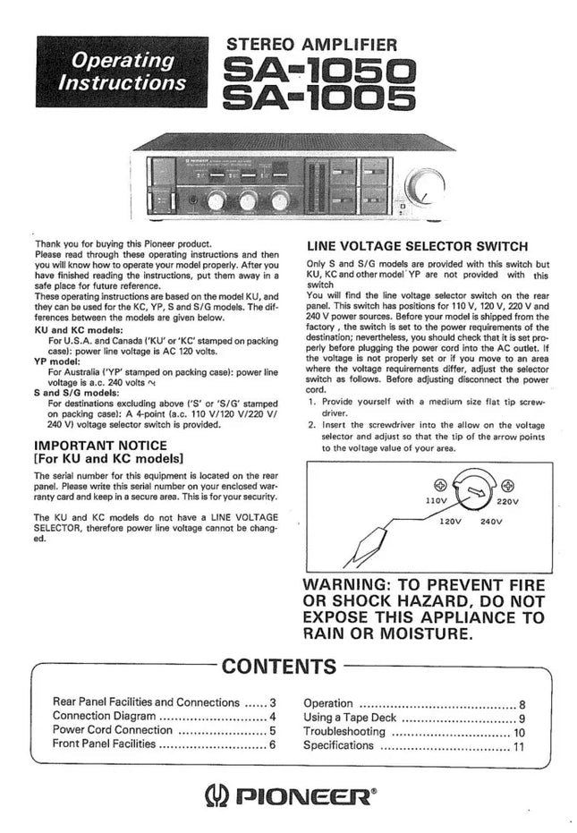 Pioneer SA-1050 Amplifier Owners Manual