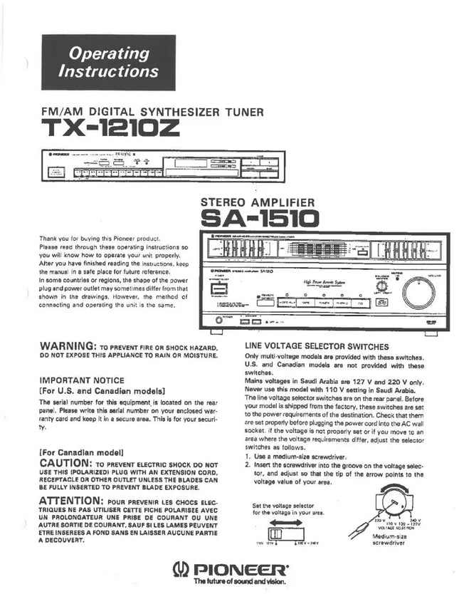 Pioneer SA-1510 Amplifier Owners Manual