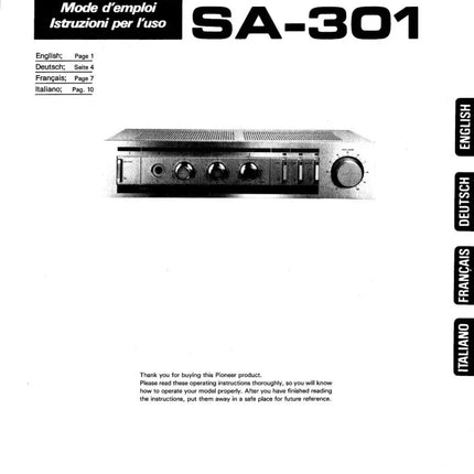 Pioneer SA-301 Amplifier Owners Manual