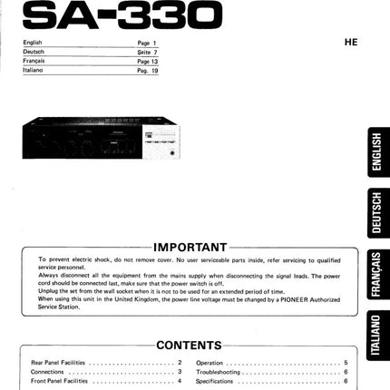 Pioneer SA-330 Amplifier Owners Manual