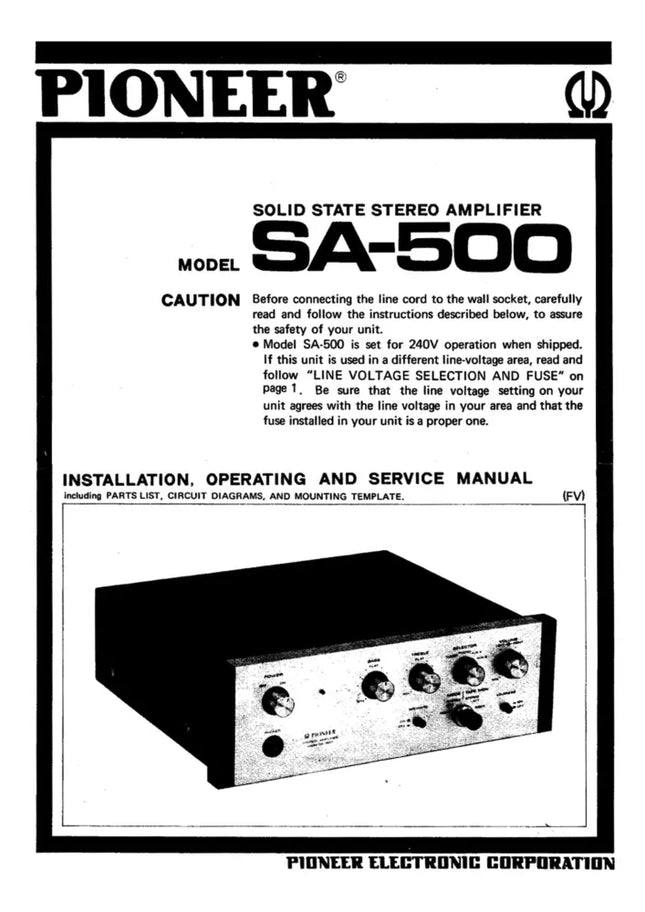 Pioneer SA-500 Amplifier Owners Manual