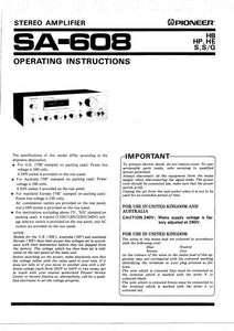 Pioneer SA-608 Amplifier Owners Manual