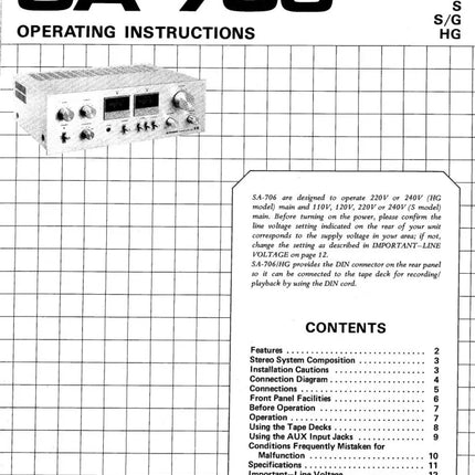 Pioneer SA-706 Amplifier Owners Manual