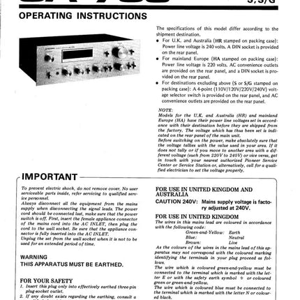 Pioneer SA-708 Amplifier Owners Manual