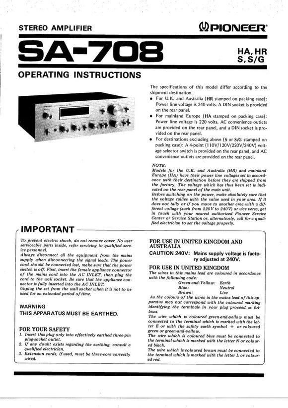 Pioneer SA-708 Amplifier Owners Manual