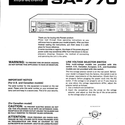 Pioneer SA-770 Amplifier Owners Manual