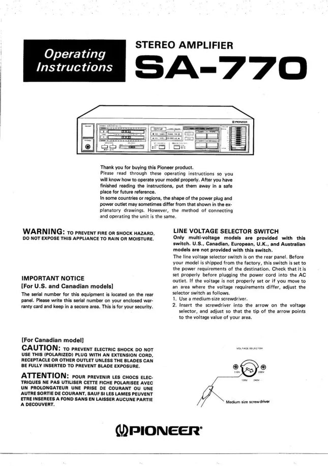 Pioneer SA-770 Amplifier Owners Manual
