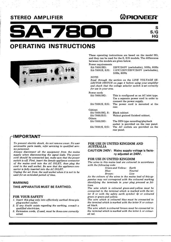 Pioneer SA-7800 Amplifier Owners Manual