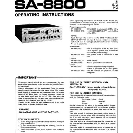 Pioneer SA-8800 Amplifier Owners Manual