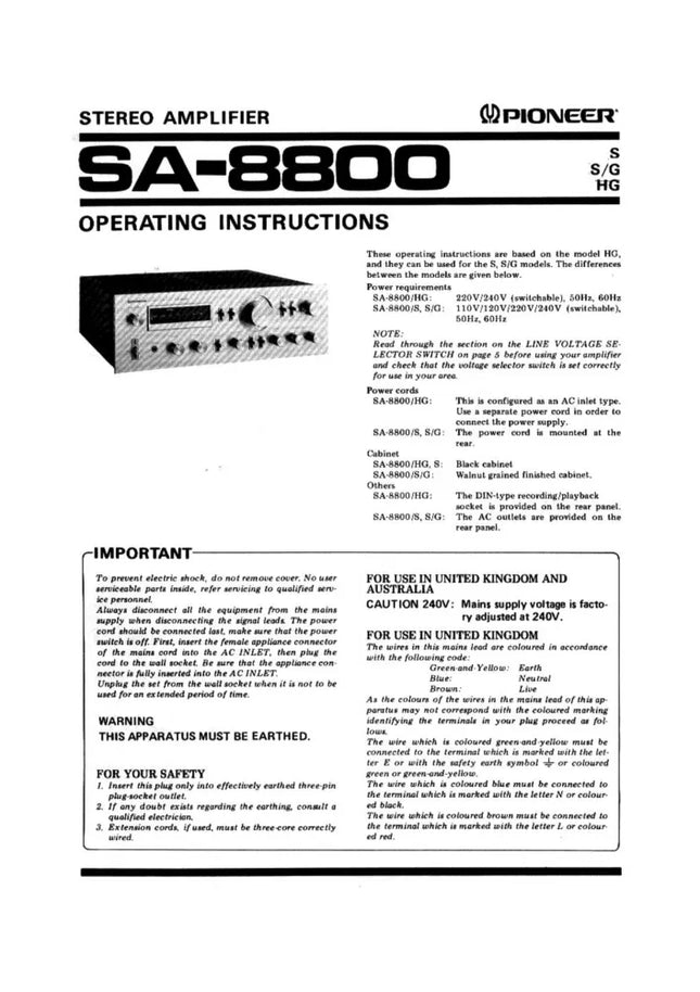 Pioneer SA-8800 Amplifier Owners Manual