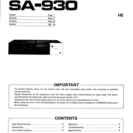 Pioneer SA-930 Amplifier Owners Manual