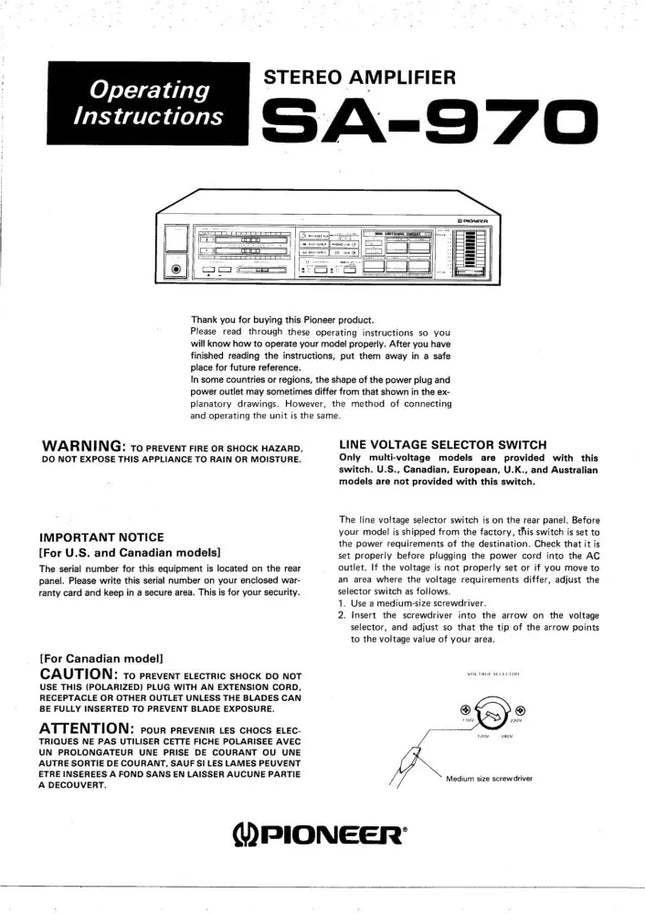 Pioneer SA-970 Amplifier Owners Manual